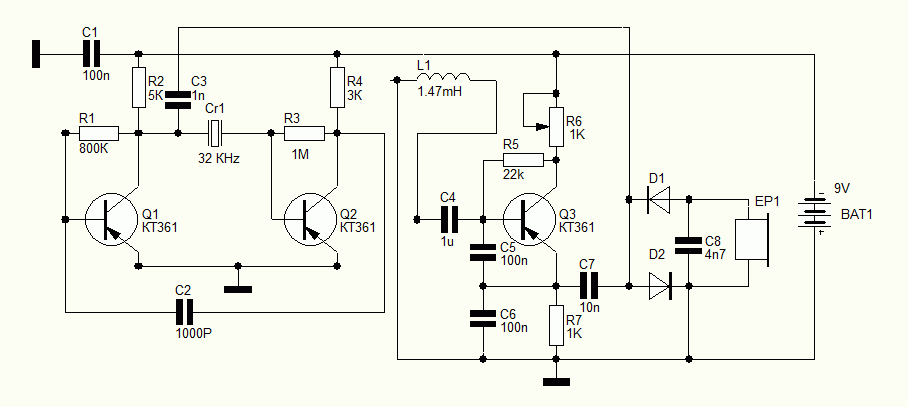 Принципиальная схема металлоискателя на трех транзисторах с кварцевой стабилизацией